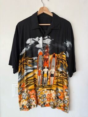 Vintage Black & Orange Surfer Hawaiian Shirt, Unusual One of a Kind
